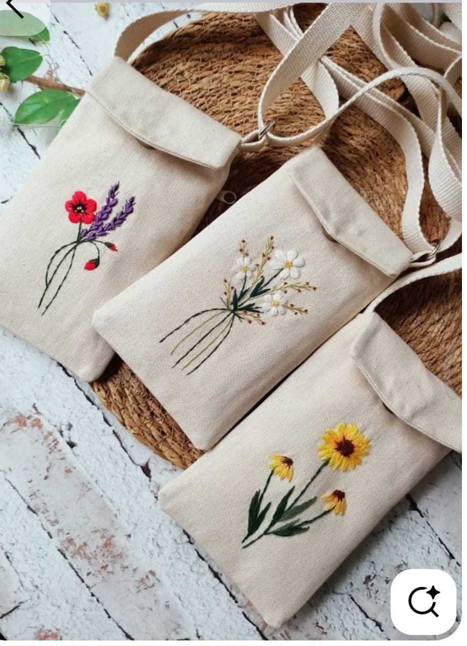 Hand Embroidered Floral Pouch Set